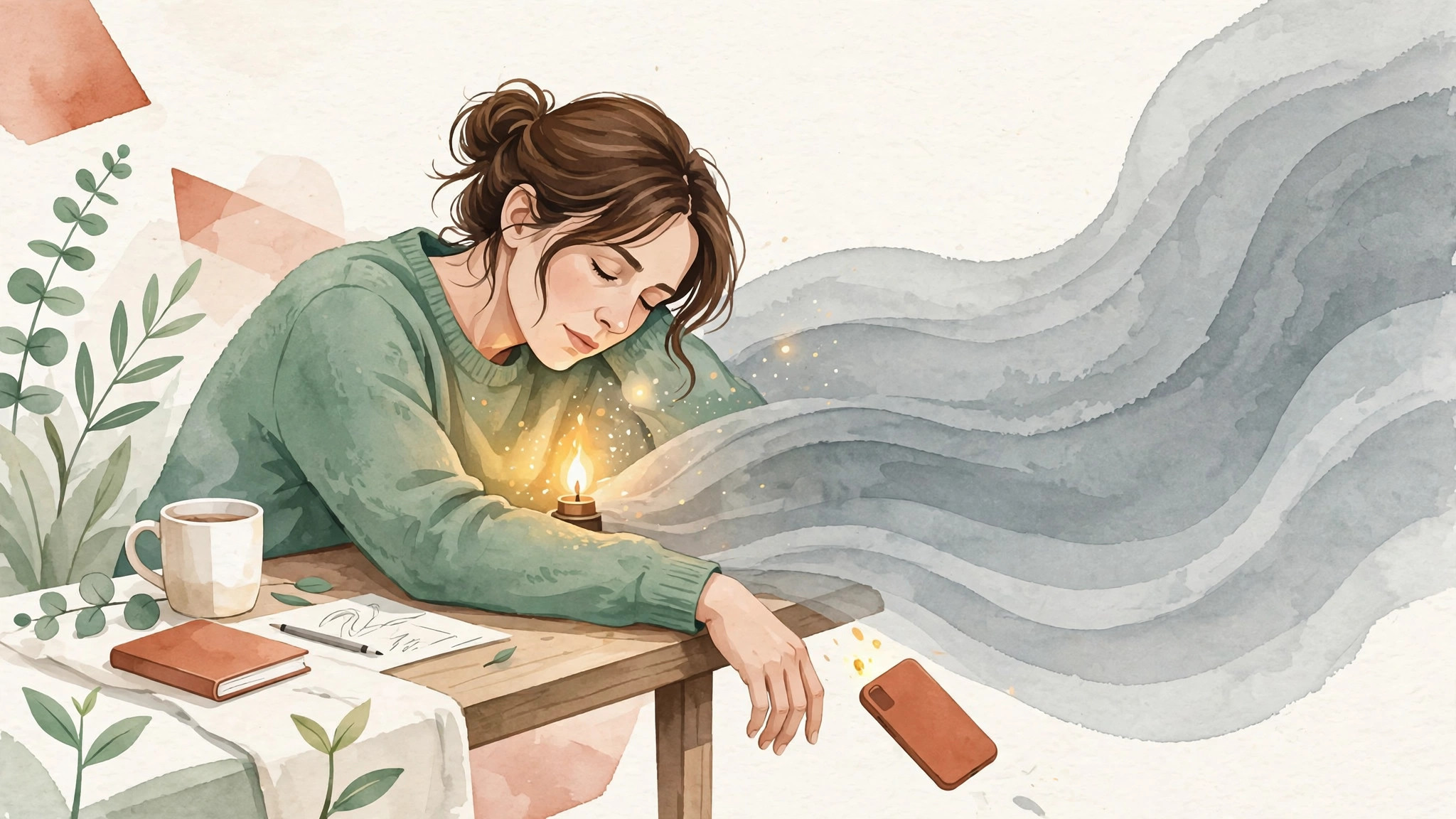 Woman in a sudden dopamine crash — gray exhaustion with a small golden light of recovery