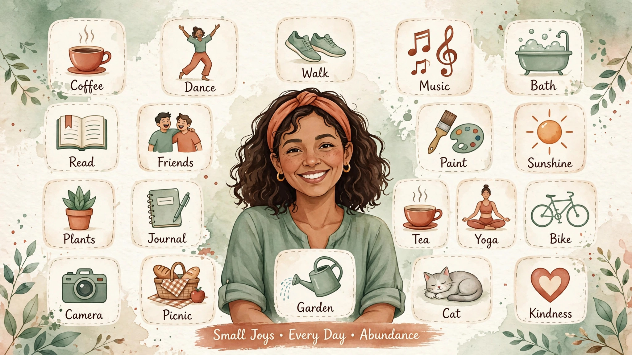 Joyful woman surrounded by dozens of small dopamine menu activity ideas