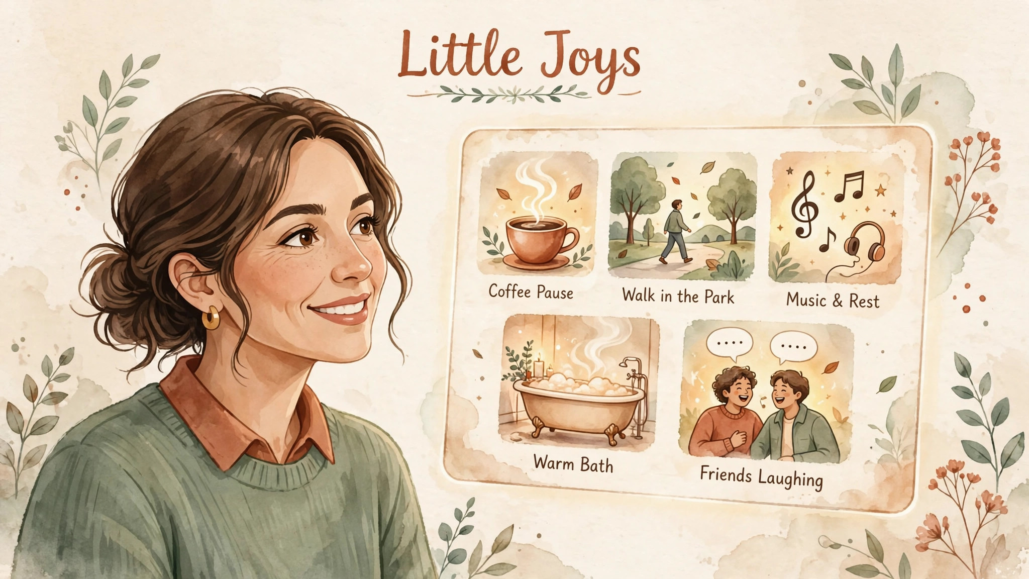 Smiling woman discovering her personal dopamine menu — small joyful activities that rewire the ADHD brain