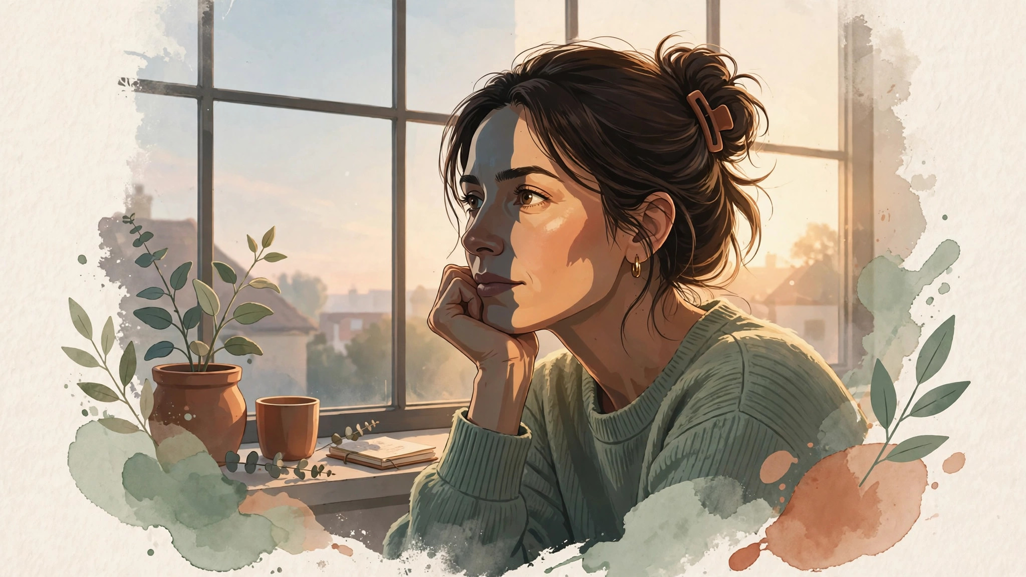 Mujer mirando por la ventana al amanecer, encontrando esperanza tras años de TDAH sin diagnosticar