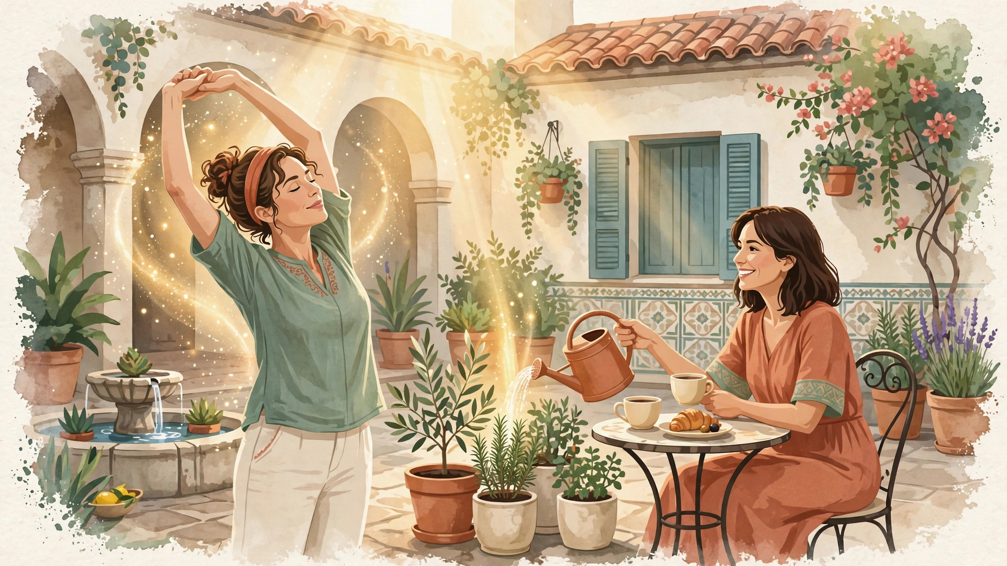 Mujer recargando suavemente su dopamina en un patio soleado — renovación natural